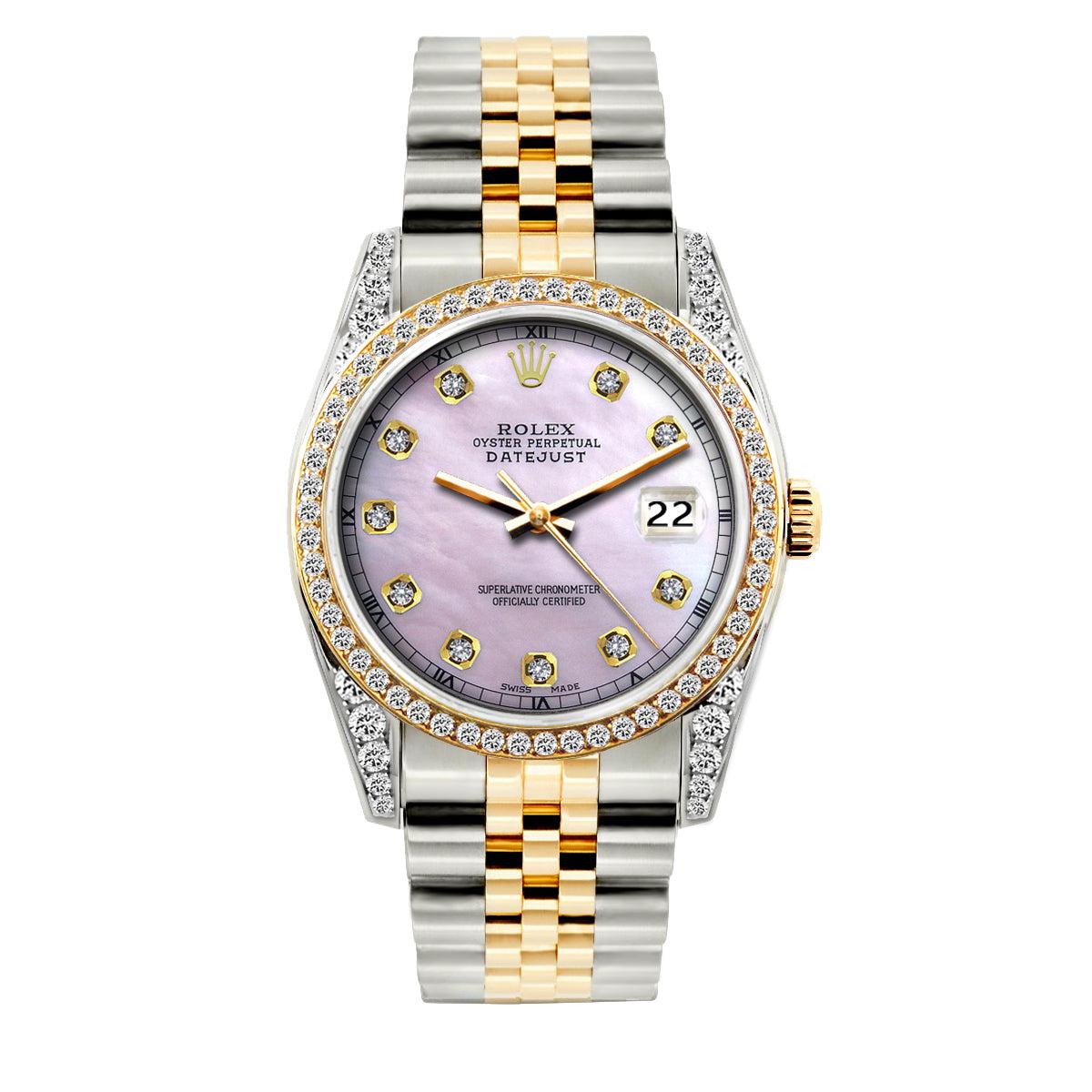 Rolex Datejust Diamond Watch, 36mm, Yellow Gold and Stainless Steel Bracelet Lavender Dial w/ Diamond Bezel and Lugs