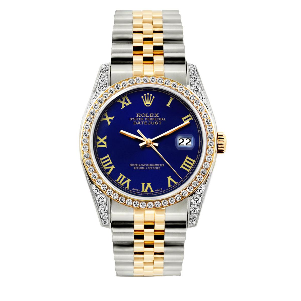Rolex Datejust Diamond Watch, 36mm, Yellow Gold and Stainless Steel Bracelet Royal Blue Dial w/ Diamond Bezel and Lugs