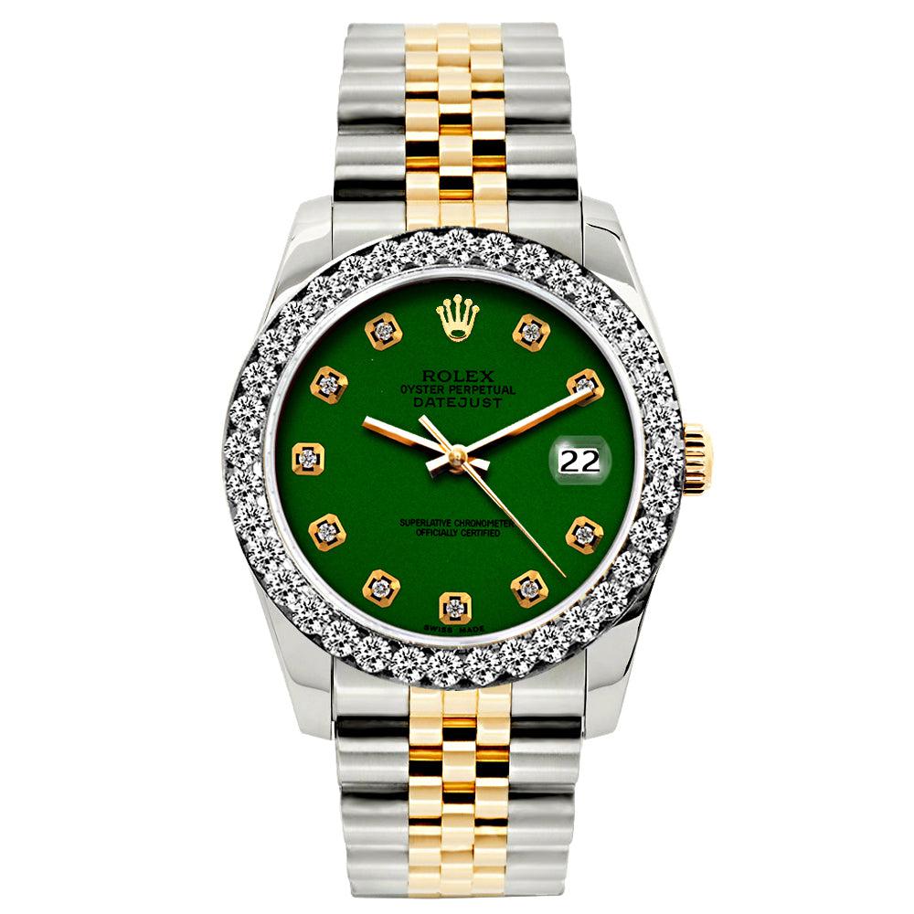 Rolex Datejust Diamond Watch, 26mm, Yellow Gold and Stainless Steel Bracelet Green Dial w/ Diamond Bezel