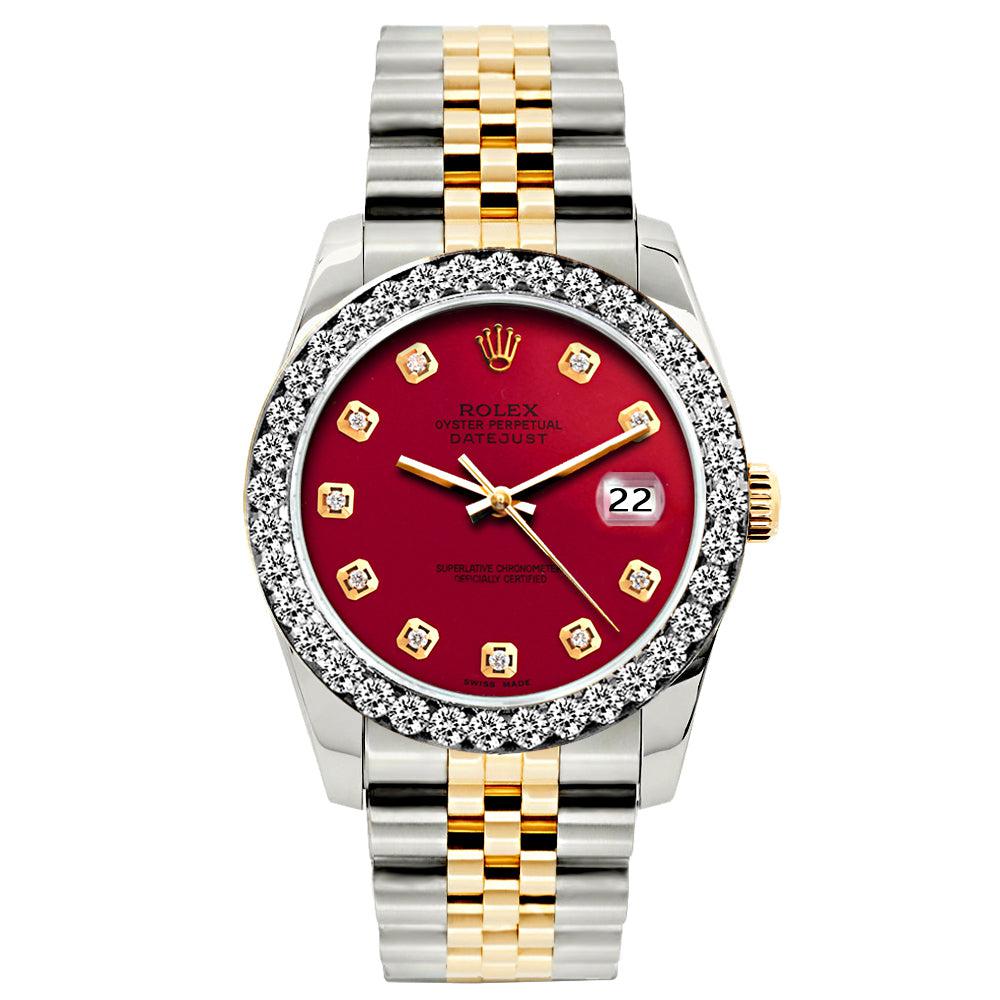Rolex Datejust Diamond Watch, 26mm, Yellow Gold and Stainless Steel Bracelet Burgundy Dial w/ Diamond Bezel