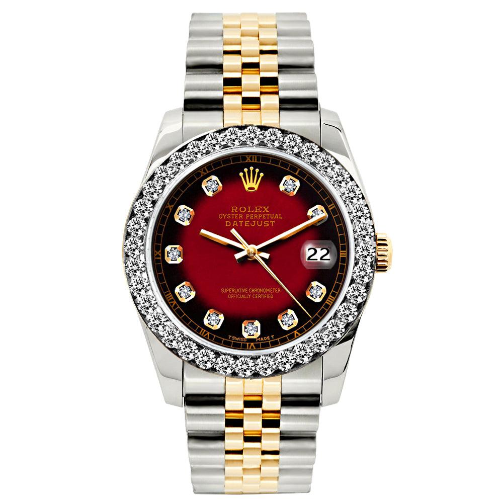 Rolex Datejust Diamond Watch, 26mm, Yellow Gold and Stainless Steel Bracelet Red and Black Dial w/ Diamond Bezel