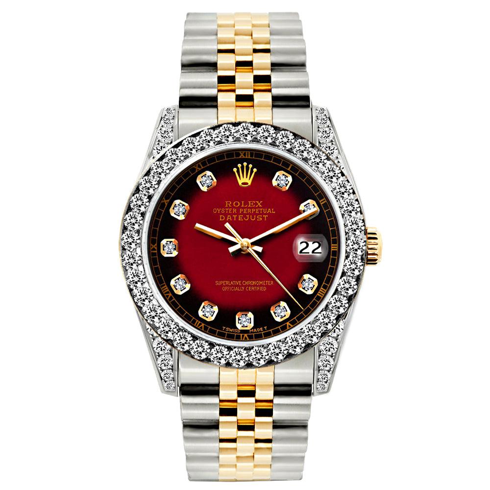 Rolex Datejust Diamond Watch, 26mm, Yellow Gold and Stainless Steel Bracelet Red and Black Dial w/ Diamond Bezel and Lugs