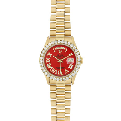 Yellow Gold Rolex Day Date President Diamond Watch, 36mm, Red Roman Numerals Dial 18K Yellow Gold W/ Diamond Bezel