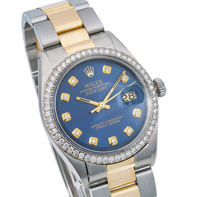 Rolex Datejust Diamond Watch, 1601 36mm, Blue Diamond Dial With Two Tone Bracelet