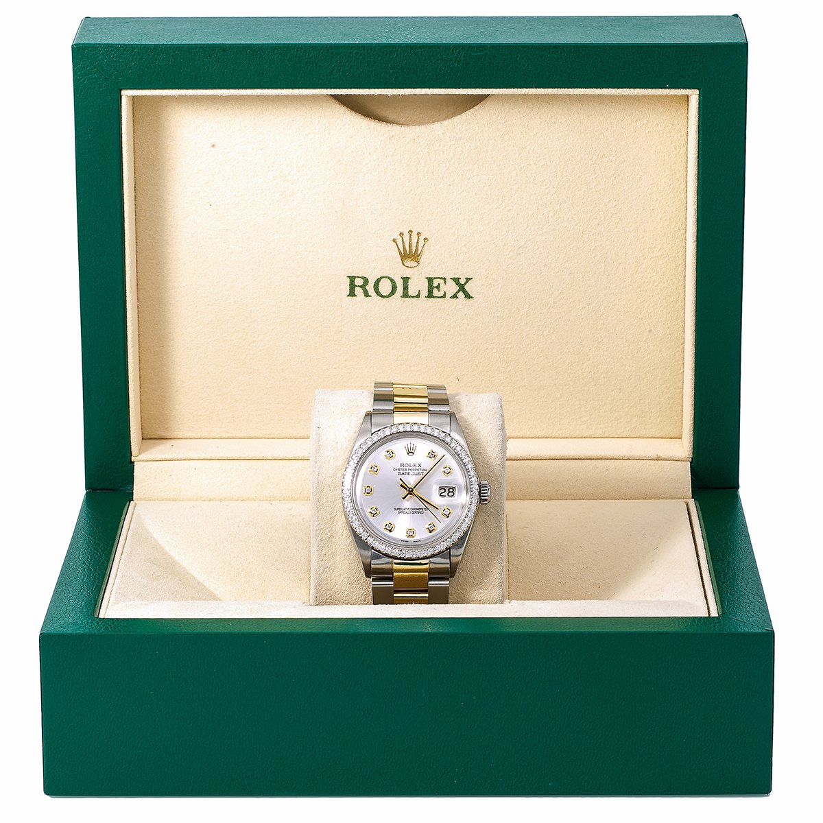 Rolex Datejust Diamond Watch, 1601 36mm, White Diamond Dial With Two Tone Bracelet