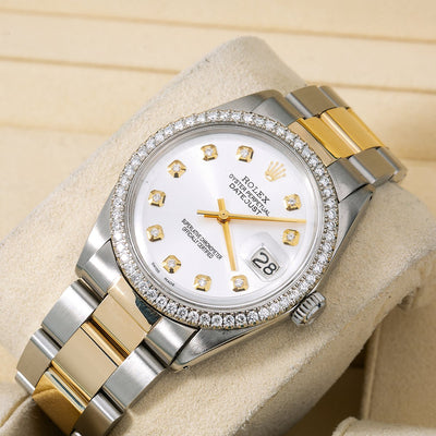 Rolex Datejust Diamond Watch, 1601 36mm, White Diamond Dial With Two Tone Bracelet