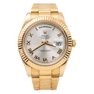 18K Yellow Gold Rolex Day-Date II President 218238 41mm Silver with Roman Numerals Dial