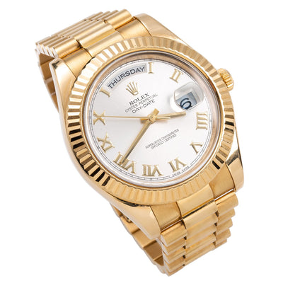 18K Yellow Gold Rolex Day-Date II President 218238 41mm Silver with Roman Numerals Dial