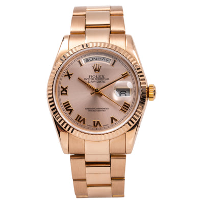 18K Rose Gold Rolex Day-Date 118235 36mm Pink Champagne with Roman Numerals Dial