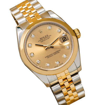 Rolex DateJust Two Tone Diamond Watch, 178243 31mm, Champagne Dial with Diamond Hour Markers