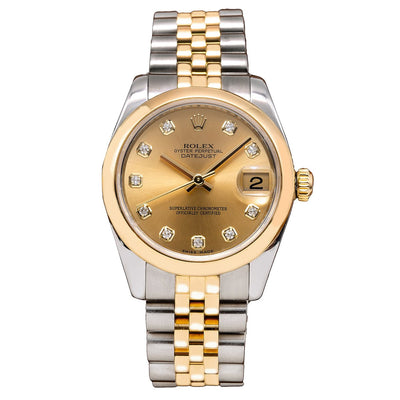 Rolex DateJust Two Tone Diamond Watch, 178243 31mm, Champagne Dial with Diamond Hour Markers