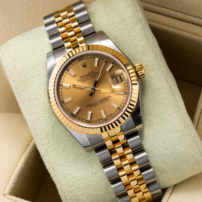 Two Tone Rolex DateJust 178273 31mm Champagne Dial with Index Hour Markers