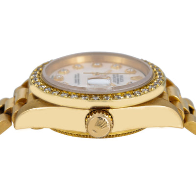 Rolex Lady-Datejust Diamond Watch, 69178 26mm, Silver Mother of Pearl Diamond Dial With Yellow Gold President Bracelet