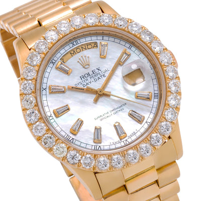 18K Yellow Gold Rolex Diamond Watch, Day-Date 8038 36mm, White Mother Of Pearl Dial With 4.75CT Diamond Bezel