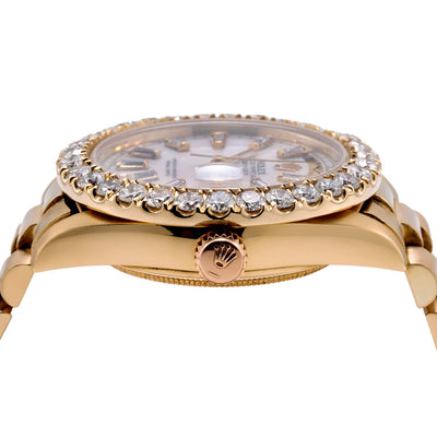 18K Yellow Gold Rolex Diamond Watch, Day-Date 8038 36mm, White Mother Of Pearl Dial With 4.75CT Diamond Bezel