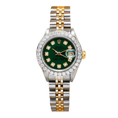 Rolex Datejust Two Tone Diamond Watch, 179173 26mm, Green Dial with 1.8CT Diamond Bezel