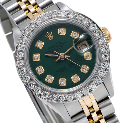 Rolex Datejust Two Tone Diamond Watch, 179173 26mm, Green Dial with 1.8CT Diamond Bezel