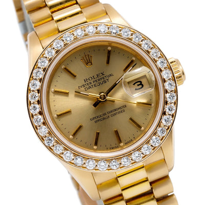 18K Yellow Gold Rolex Diamond Watch, Datejust President 69178, Champagne Dial With 0.80CT Diamond Bezel