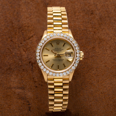 18K Yellow Gold Rolex Diamond Watch, Datejust President 69178, Champagne Dial With 0.80CT Diamond Bezel