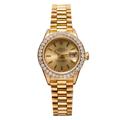 18K Yellow Gold Rolex Diamond Watch, Datejust President 69178, Champagne Dial With 0.80CT Diamond Bezel