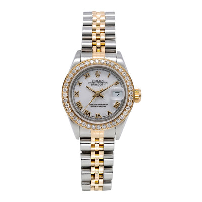 Rolex Datejust Two Tone Diamond Watch, 69173 26mm, White with Roman Numerals Dial with 0.80CT Diamond Bezel