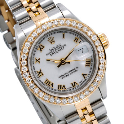 Rolex Datejust Two Tone Diamond Watch, 69173 26mm, White with Roman Numerals Dial with 0.80CT Diamond Bezel