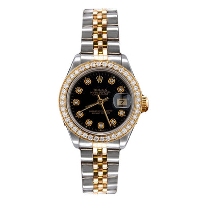 Rolex Datejust Two Tone Diamond Watch, 69713 26mm, Black Dial With 0.90CT Diamond Bezel