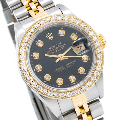 Rolex Datejust Two Tone Diamond Watch, 69713 26mm, Black Dial With 0.90CT Diamond Bezel