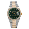 Rolex Datejust Two Tone Diamond Watch, 1601 36mm, Green Dial With 1.20CT Diamond Bezel