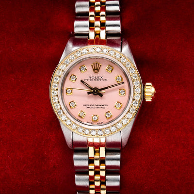 Rolex Oyster Perpetual Diamond Watch, 26mm, Pink Dial With 0.90CT Diamond Bezel