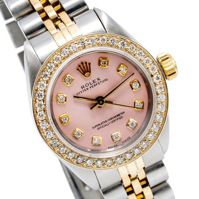 Rolex Oyster Perpetual Diamond Watch, 26mm, Pink Dial With 0.90CT Diamond Bezel