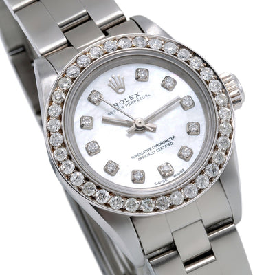 Rolex Oyster Perpetual Diamond Watch, 67193 26mm, White Mother of Pearl Dial with 0.90Ct Diamond Bezel