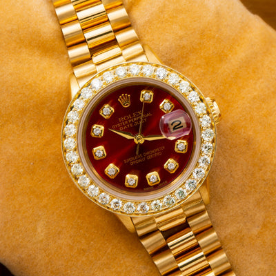 Rolex Oyster Perpetual Lady Date 6517 26MM Red Diamond Dial With 0.95 CT Diamonds