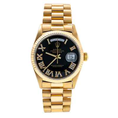 18K Yellow Gold Rolex President Day-Date 18038 36mm Black Dial with Roman Numerals