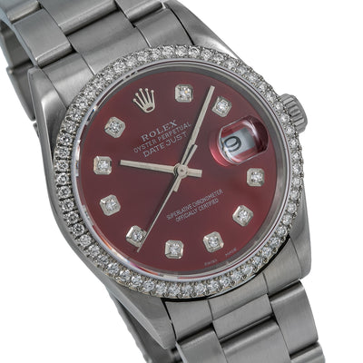 Rolex Datejust Diamond Watch, 16200 36mm, Red Diamond Dial With Stainless Steel Oyster Bra