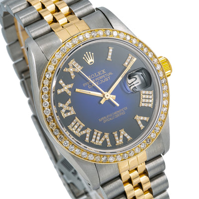 Rolex Datejust Diamond Watch, 16014 36mm, Blue Diamond Roman Numeral Dial With 1.45 CT Dia