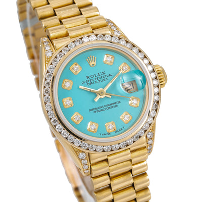 Rolex Lady-Datejust Diamond Watch, 6917 26mm, Turquoise Diamond Dial With Yellow Gold President Bracelet