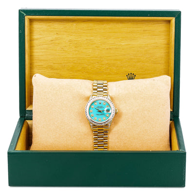 Rolex Lady-Datejust Diamond Watch, 6917 26mm, Turquoise Diamond Dial With Yellow Gold President Bracelet