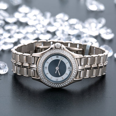 18K White Gold Mauboussin Lady's Round NO140 26mm white and Blue Dial with Diamond Bezel