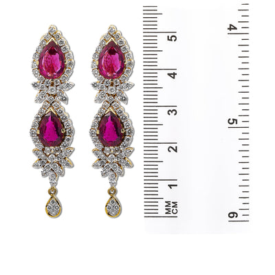 18K Yellow Gold  Tears Shaped Ladies Earrings With White Diamonds and Ruby