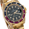 18K Yellow Gold Rolex GMT Master II 116718 40mm Black Dial with Multicolor Sapphires Bezel