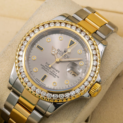 Rolex Submariner Diamond Watch, Date 16613 40mm, Serti Dial Diamond Bezel With Two Tone Oyster Bracelet