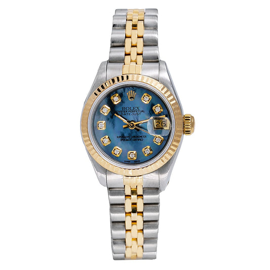 Rolex Datejust Two Tone Diamond Watch, 69173 26mm, Sky Blue Dial with Diamond Hour Marks