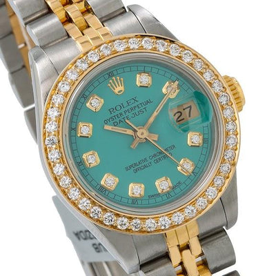 Rolex Lady-Datejust Diamond Watch, 69173 26mm, Green Diamond Dial With 0.90 CT Diamonds Two Tone Bracelet