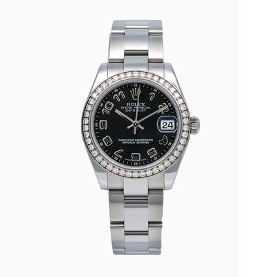 Rolex Datejust Ladies Diamond Watch, 178384 31mm, Black Dial Factory diamond Bezel With Stainless Steel Bracelet