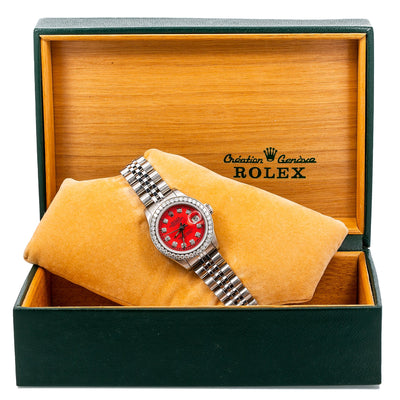 Rolex Lady-Datejust Diamond Watch, 69174 26mm, Red Diamond Dial With Stainless Steel Jubilee Bracelet