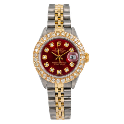 Rolex Lady-Datejust Diamond Watch, 6917 26mm, Red Diamond Dial With Two Tone Bracelet