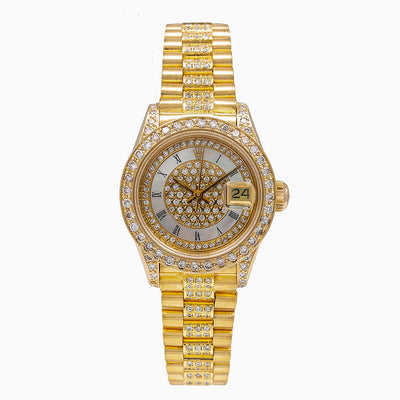 Rolex Lady-Datejust Diamond Watch, 69178 26mm, Champagne Diamond Dial With President Yellow Gold Bracelet