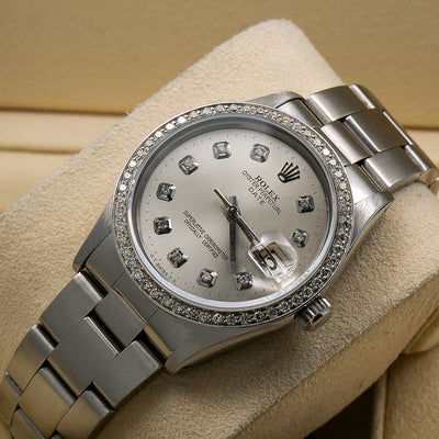 Rolex Oyster Perpetual Diamond Watch, Date 15010 34mm, Silver Diamond Dial With 1.20 CT Diamonds