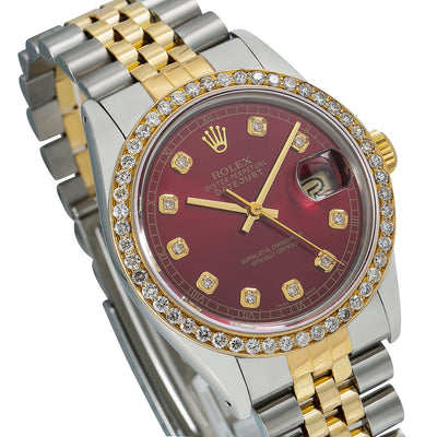 Rolex Datejust Diamond Watch, 16013 36mm, Red Diamond Dial With Two Tone Jubilee Bracelet